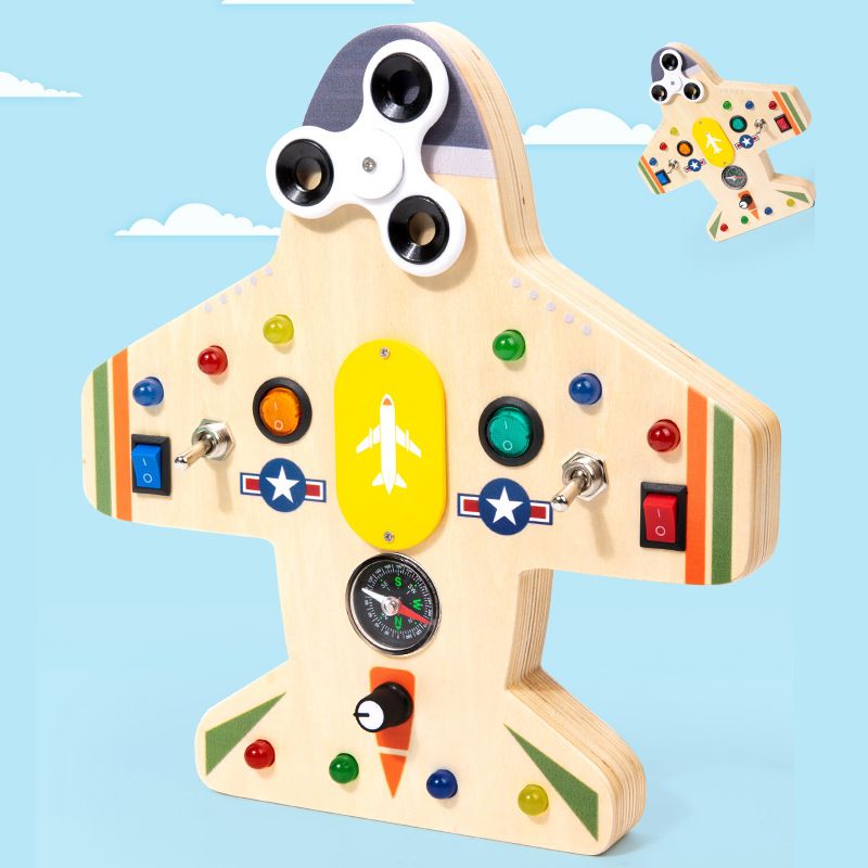 Montessori Busy Board for Kids, Wooden Educational Toy with Lights, Switches, Compass, Relay, Spinner, Sensory Board, Motor Skills Learning Activities