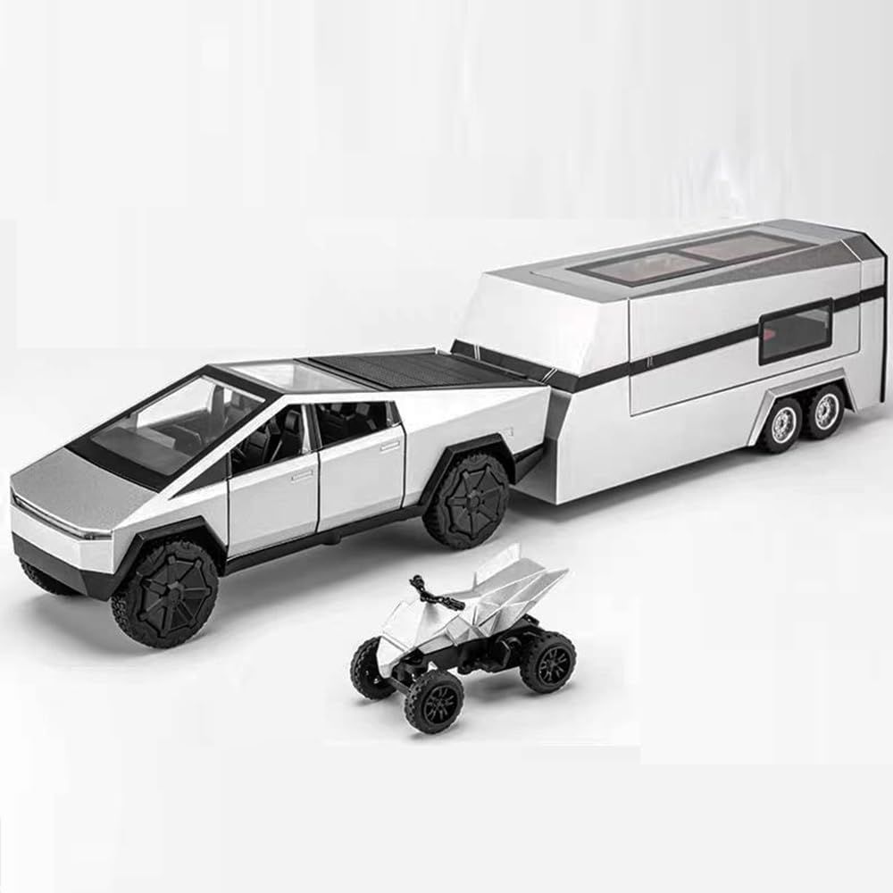Toy Trucks with RV Motor for Boys Girl Diecast Metal Cybertruck Model Pickup Truck 1/32 Toy Cars Race with Sound and Light Gift Age3+ (Silver)