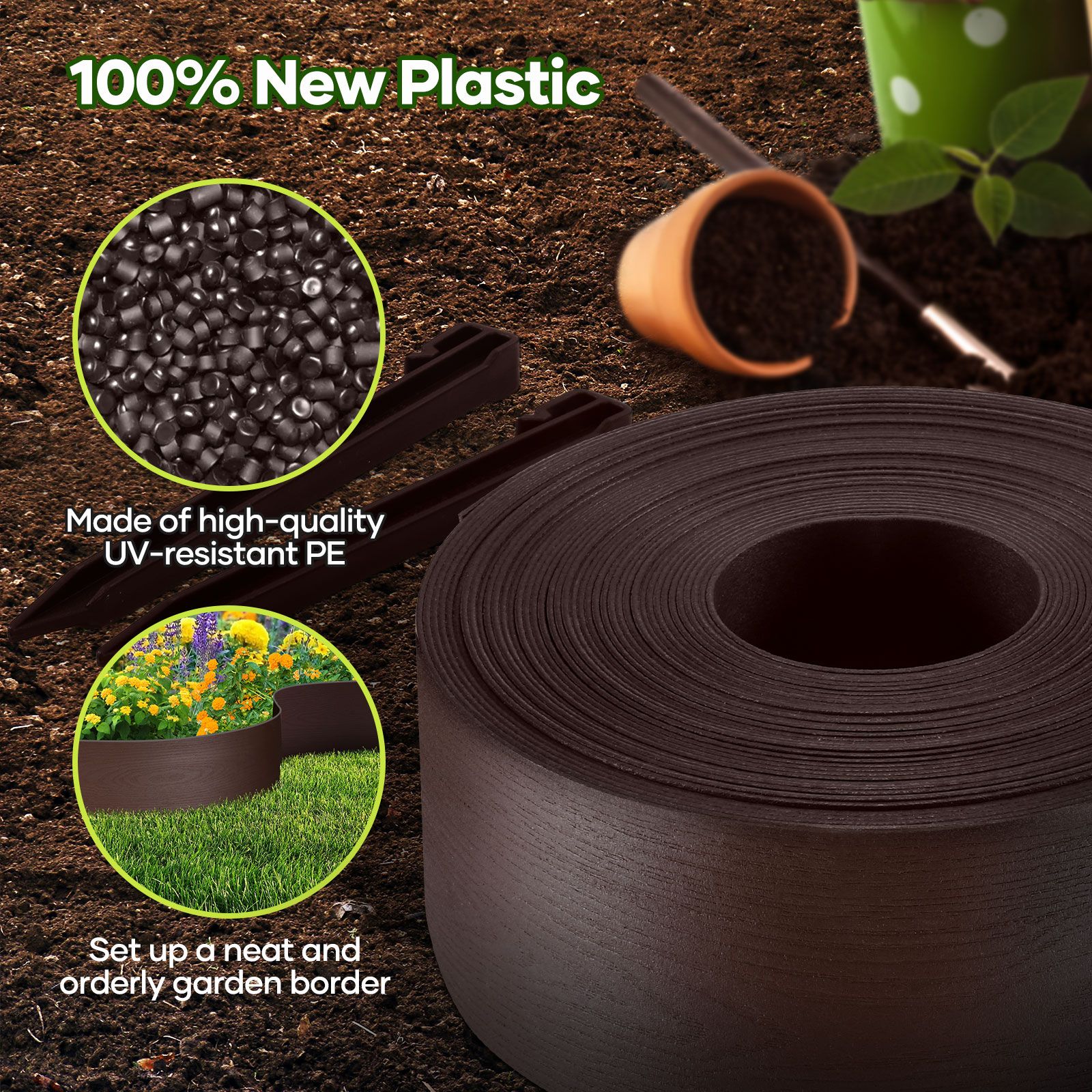 Garden Bed Edging 30mx15cm Lawn Border Landscape Flower Fence Plant Grass Path Driveway DIY Flexible Plastic Barrier Roll Kit