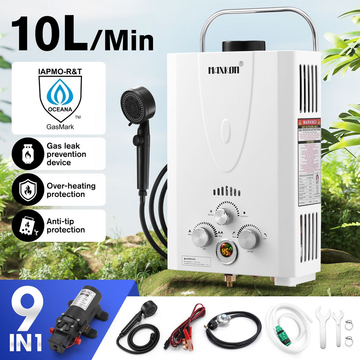 Maxkon Gas Water Heater 9 in 1 10L Outdoor Portable Camping Shower Instant Hot Heating System White with Pump