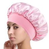 Solid Color Shower Cap for Women Satin Wide-Brimmed Bath Cap Reusable Shower Cap for All Hair Lengths (Pink)
