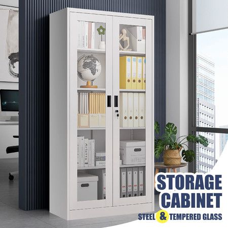 Steel Office Cabinet Filing Storage Shelf Lockable Tempered Glass Door Display Cupboard Rack Home Garage 185x90x40cm