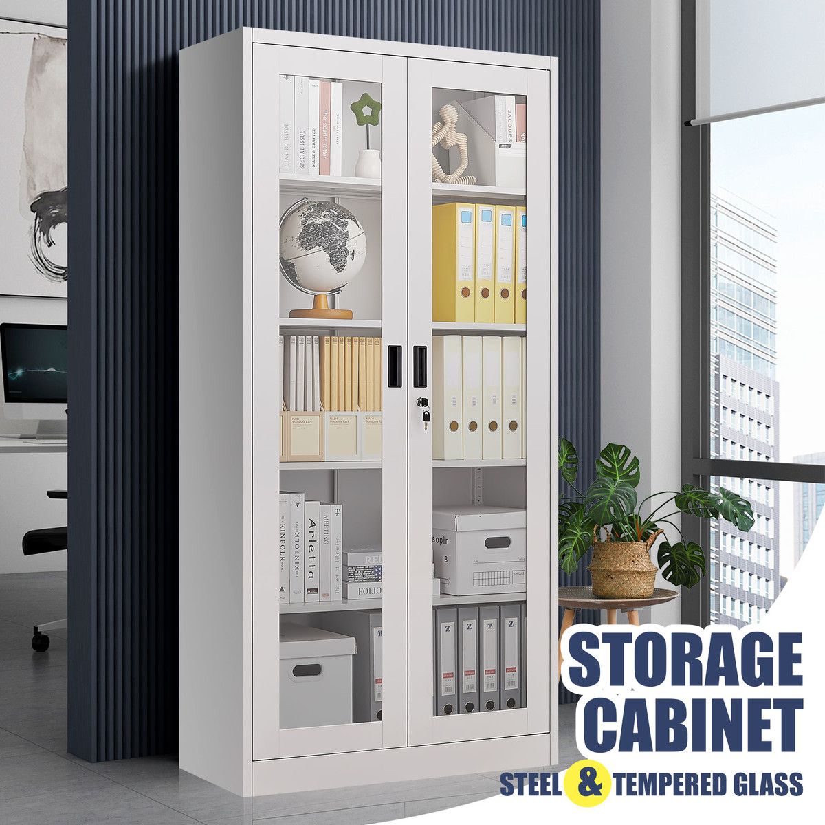 Steel Office Cabinet Filing Storage Shelf Lockable Tempered Glass Door Display Cupboard Rack Home Garage 185x90x40cm