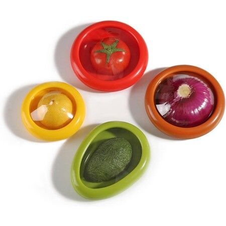 4Pcs Silicone Fruit Saver Set, Stretch Food Storage Containers for Fridge, Avocado Keeper, Onion, Lemon & Tomato Holder, Anti-Oxidation Fresh Box