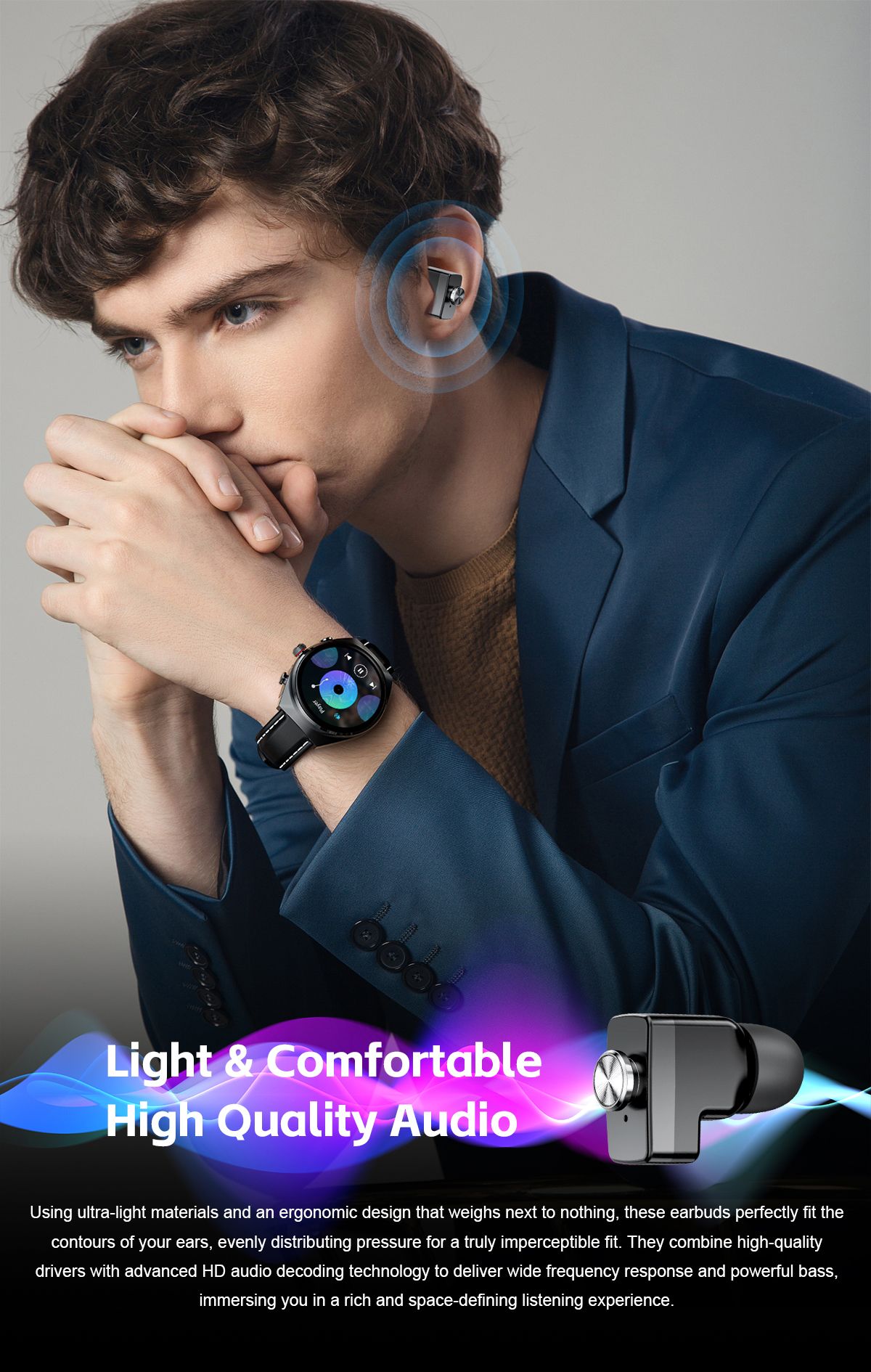 New Headset Smart Watch 2-in-1 1.53 Inch Round Screen Dual Call NFC Stainless Steel Body IP67 Mens Watches Color Black