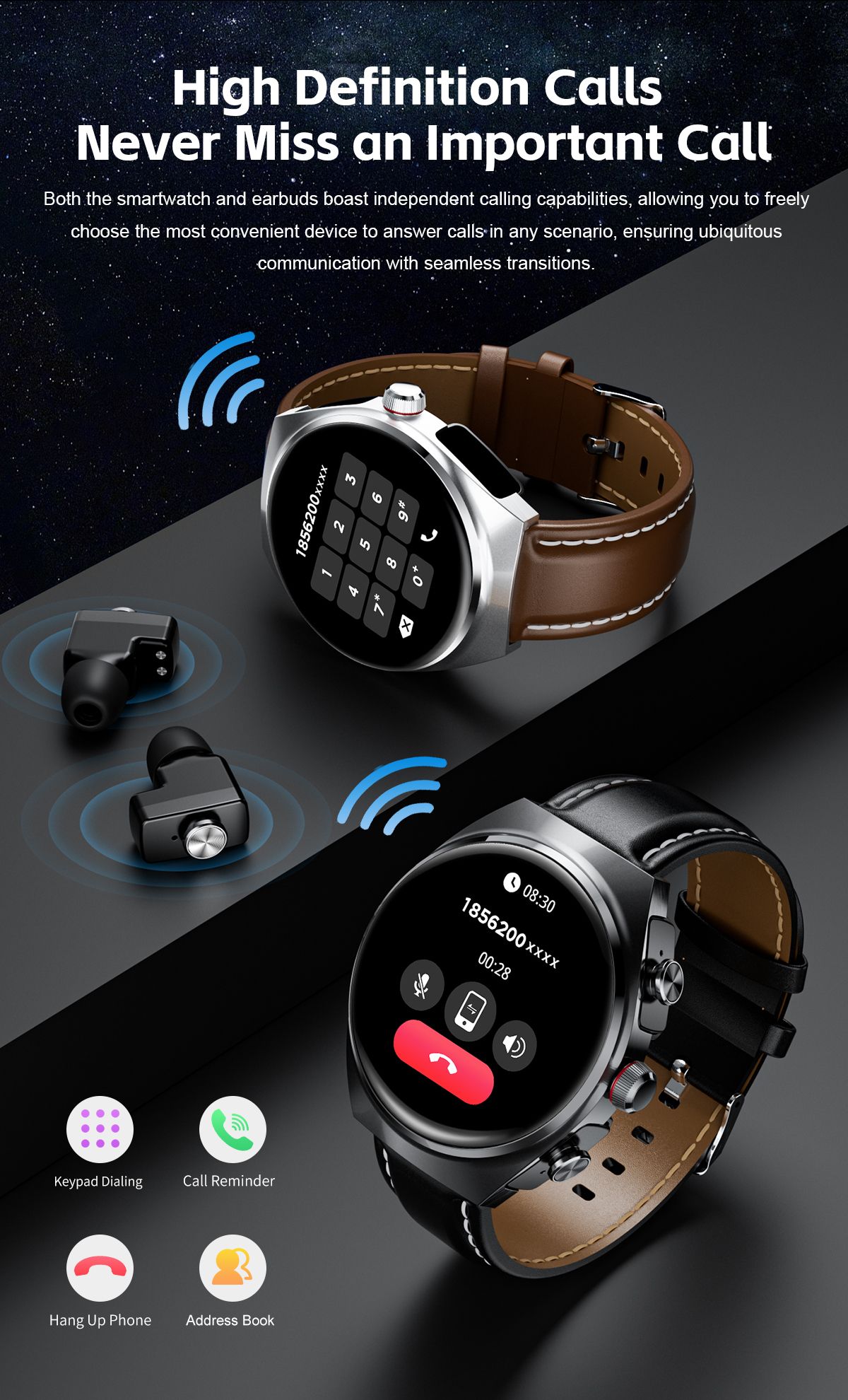 New Headset Smart Watch 2-in-1 1.53 Inch Round Screen Dual Call NFC Stainless Steel Body IP67 Mens Watches Color Black