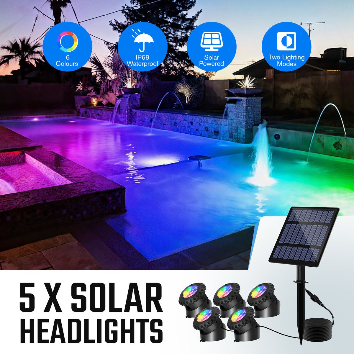 Solar Outdoor Pond Light 5 Head RGB Spotlight Landscape Fish Tank Pool Fountain Submersible Lamp Multicolours Waterproof