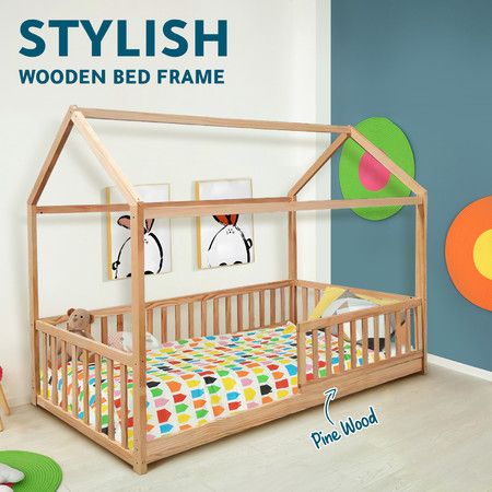 Childrens Bed Frame Single Size House Shape Floor Wooden Mattress Base Platform Foundation Bedroom Furniture with Guard Rail