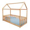 Childrens Bed Frame Single Size House Shape Floor Wooden Mattress Base Platform Foundation Bedroom Furniture with Guard Rail