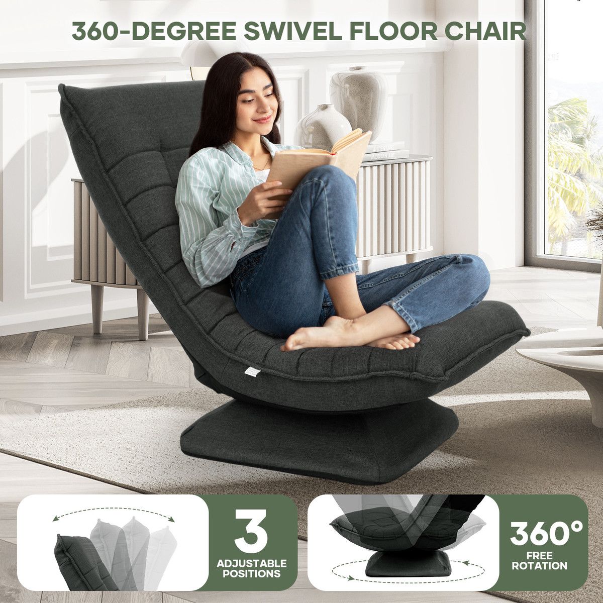 Floor Sofa Bed Chair Couch Lounge Recliner Folding 360 Degree Swivel Lazy Lounger Adjustable Chaise Ground Seat