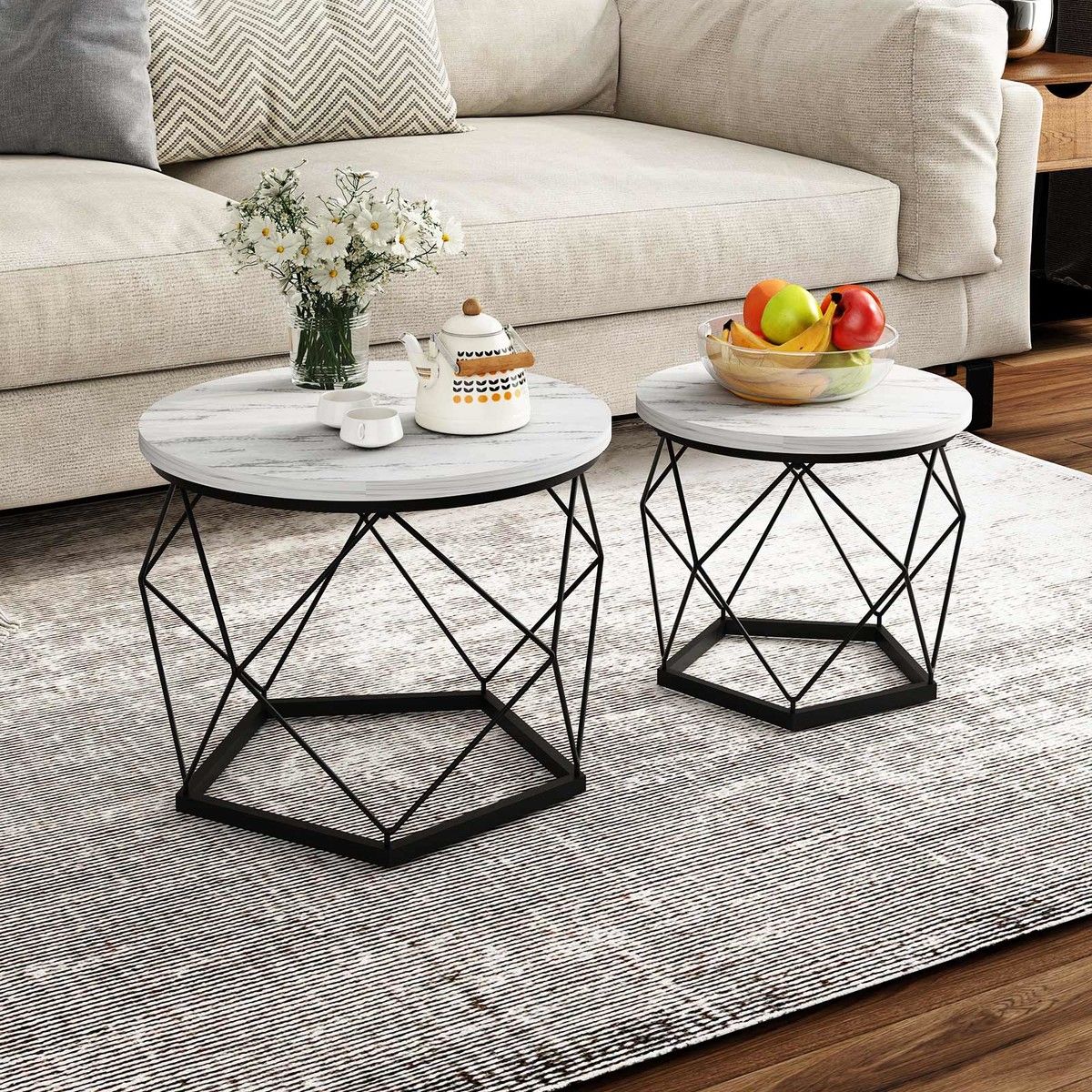 2 Round Coffee Table Set Sofa Bed Side End Nightstand Tea Cafe Cocktail Lounge Lamp Modern Black Metal Faux Marble Top