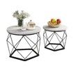 2 Round Coffee Table Set Sofa Bed Side End Nightstand Tea Cafe Cocktail Lounge Lamp Modern Black Metal Faux Marble Top