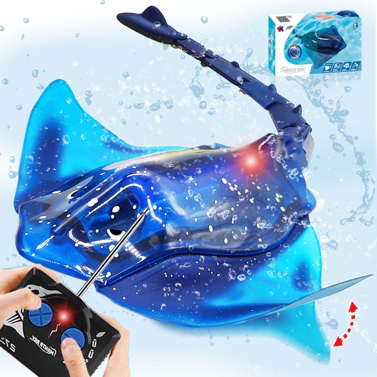 Pool Toys Remote Control Stingray Diving into Water High Simulation Robot Manta ray Lights Rechargeable Battery Great Gift RC Boat for Age3+,Blue