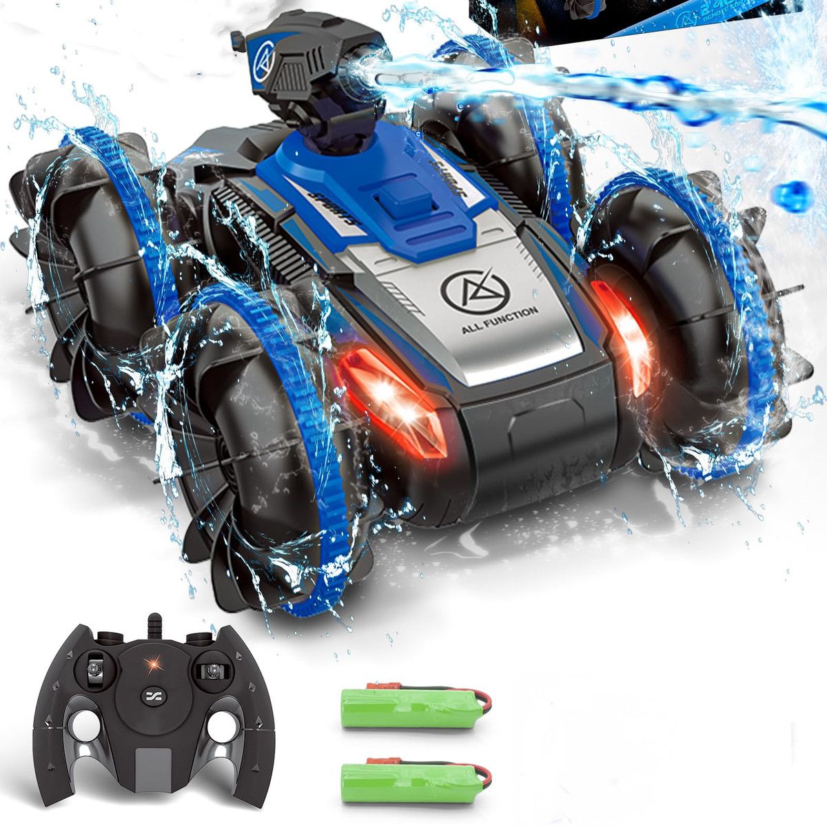 Amphibious Remote Control Car Boat with Water Spray 2.4 GHz Waterproof RC Car Monster Truck Stunt Car, Water Beach Pool RC Car Toys (Blue)
