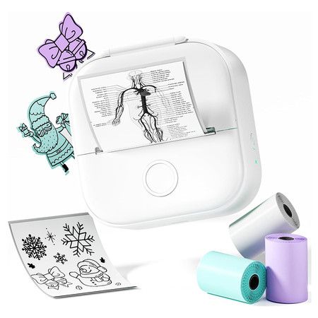 Phomemo T02 Sticker Printer, Inkless Printer Mini Printer Sticker Maker Bluetooth Thermal Pocket Printer for Study Notes, Stickers, Photos, DIY Printing, with 3 Rolls Paper,  White