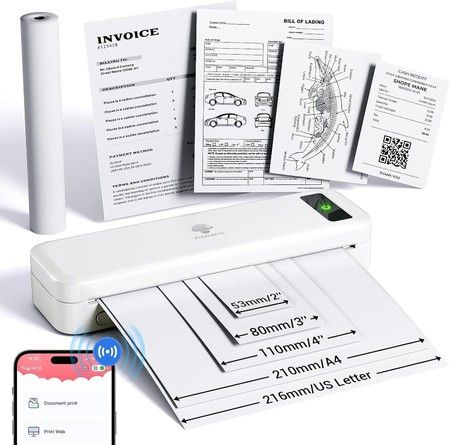 Portable Printers Wireless for TravelaPhomemo Portable Printers Wireless for Travel, Inkless Printer Thermal M835, Mobile Printer Bluetooth Support 8.5 inch, A4, 4.33inch, 3.15inch, 2.08 inch Thermal Paper Roll, Compact Printer Compatible with iOS and And