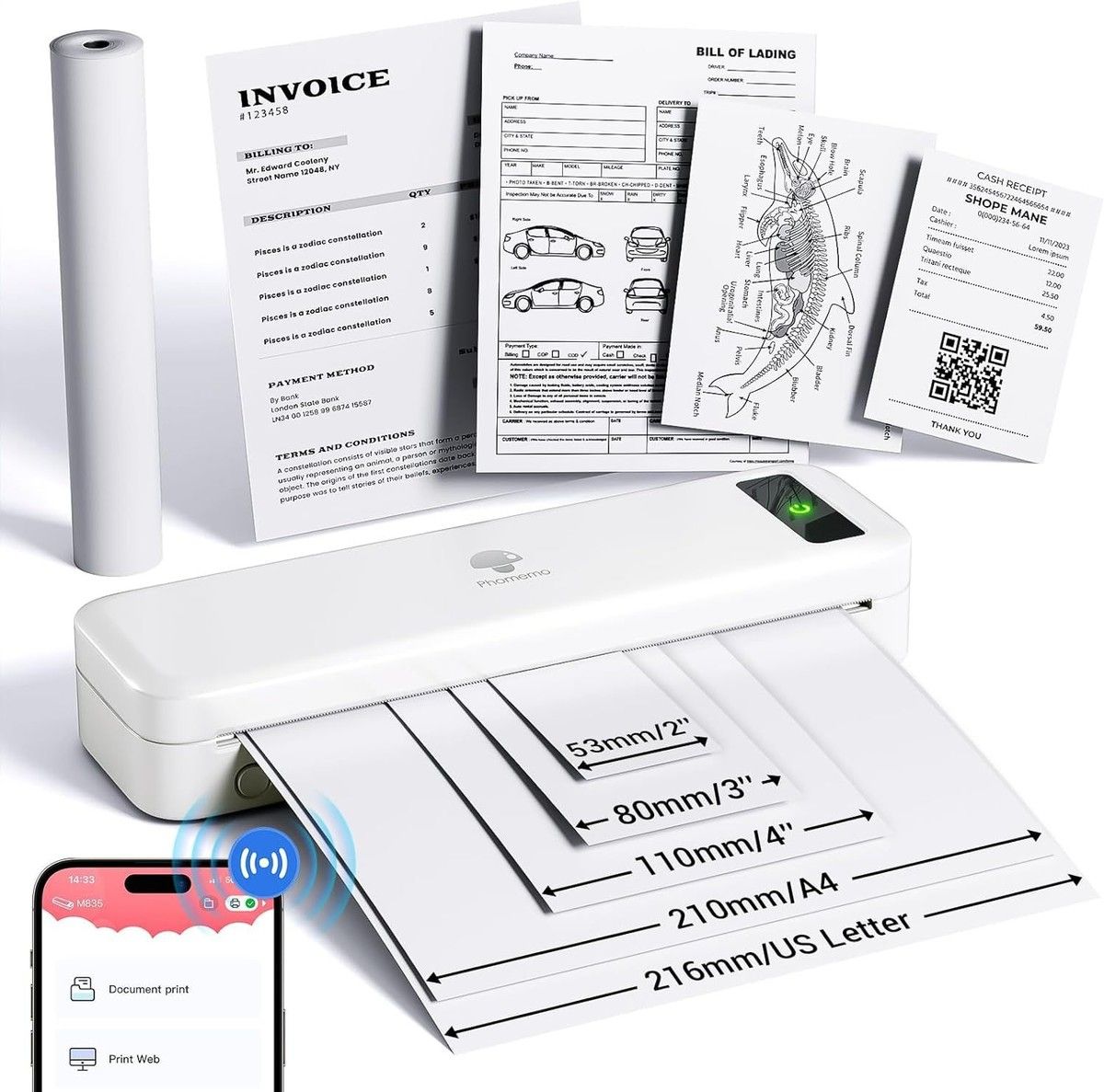 Portable Printers Wireless for TravelaPhomemo Portable Printers Wireless for Travel, Inkless Printer Thermal M835, Mobile Printer Bluetooth Support 8.5 inch, A4, 4.33inch, 3.15inch, 2.08 inch Thermal Paper Roll, Compact Printer Compatible with iOS and And