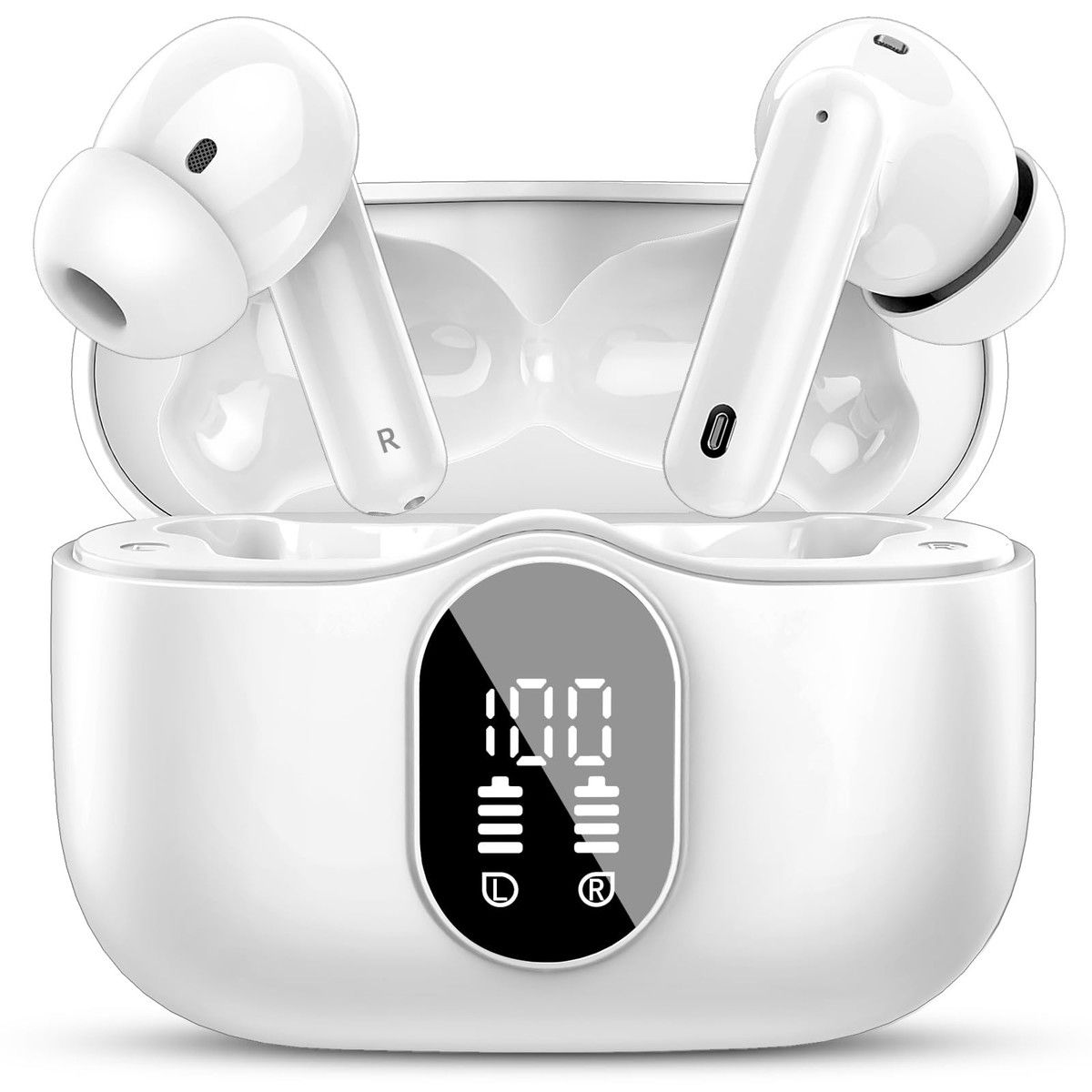 Wireless Earbuds Bluetooth 5.3 Headphones Bass Stereo Ear Buds with Noise Cancelling Mic LED Display in Ear Earphones IP7 Waterproof 36H Playtime White