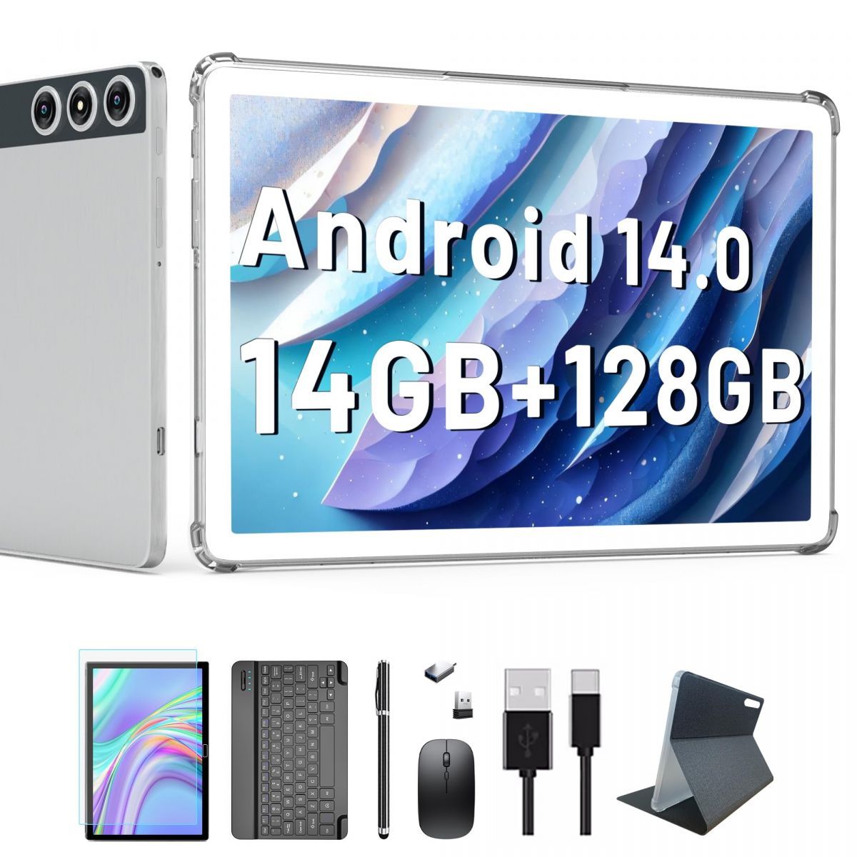 Tablet Android 14 10 Inch 128GB Storage 14GB RAM 1TB Expandable 4G SIM 5G Wifi Bluetooth GPS Keyboard Silver