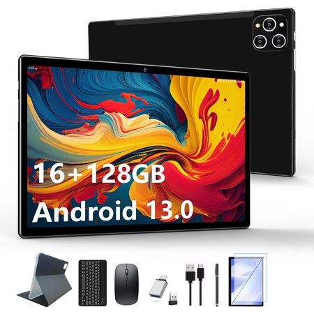 Tablet Android 13 10.1 Inch 128GB ROM 16GB RAM 8+8 Virtual Keyboard Octa Core 13MP Camera 1TB Expandable FHD WiFi Black