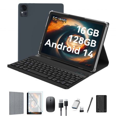 Android 13 Tablet 10.1 Inch 128GB 512GB Expandable 8+8GB RAM 21MP Camera 5G WiFi Keyboard Case Bluetooth Black