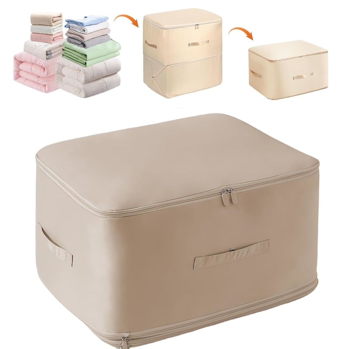 Ultra Space Saving Compression Organiser Heavy Duty Moving Bags Storage Tote for Comforters Clothes Blankets Bedding with Zipper(Beige-L)