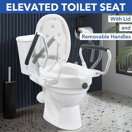 Raised Toilet Seat 5 Inch Elevated Riser Assisted Living Handicap Lid Safety Arms Fit Most Toilets Aluminium Portable