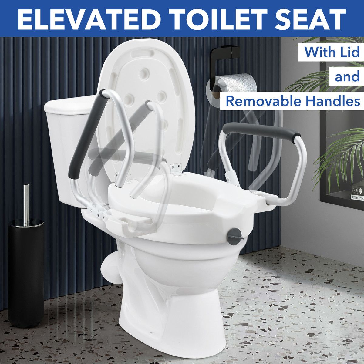 Raised Toilet Seat 5 Inch Elevated Riser Assisted Living Handicap Lid Safety Arms Fit Most Toilets Aluminium Portable