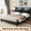 Led Bed Frame Double Size Mattress Base Platform with Storage Headboard Wooden Bedhead Foundation Shelf Bookcase Bedroom Furniture Black PU