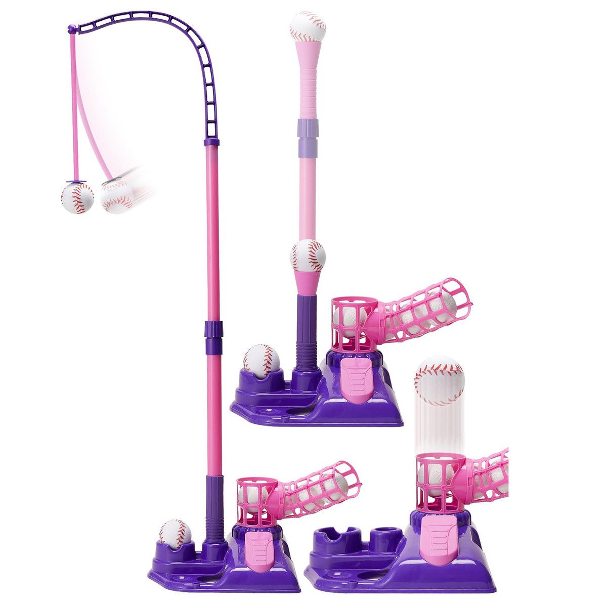 3-in-1 Baseball Set for Kids,Height Adjustable Tee Ball Set with 6 Softballs,T Ball Stand, Hanging Tee,Auto Ball Launcher,Retractable Bat,Indoor Outdoor Sport Toys for Boys Girls Age3+,Pink