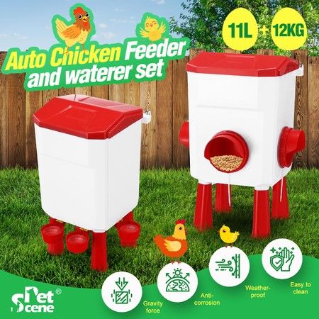 Chicken Water Feeder Treadle Poultry Waterer Set 12KG 11L Large Automatic Feeding Coop Fence Food Dispenser Rat Bird Proof