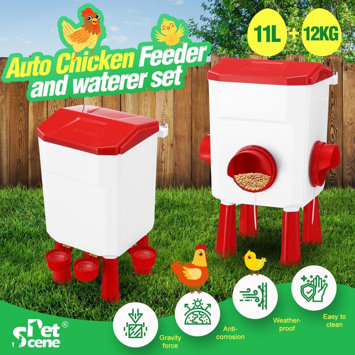 Chicken Water Feeder Treadle Poultry Waterer Set 12KG 11L Large Automatic Feeding Coop Fence Food Dispenser Rat Bird Proof
