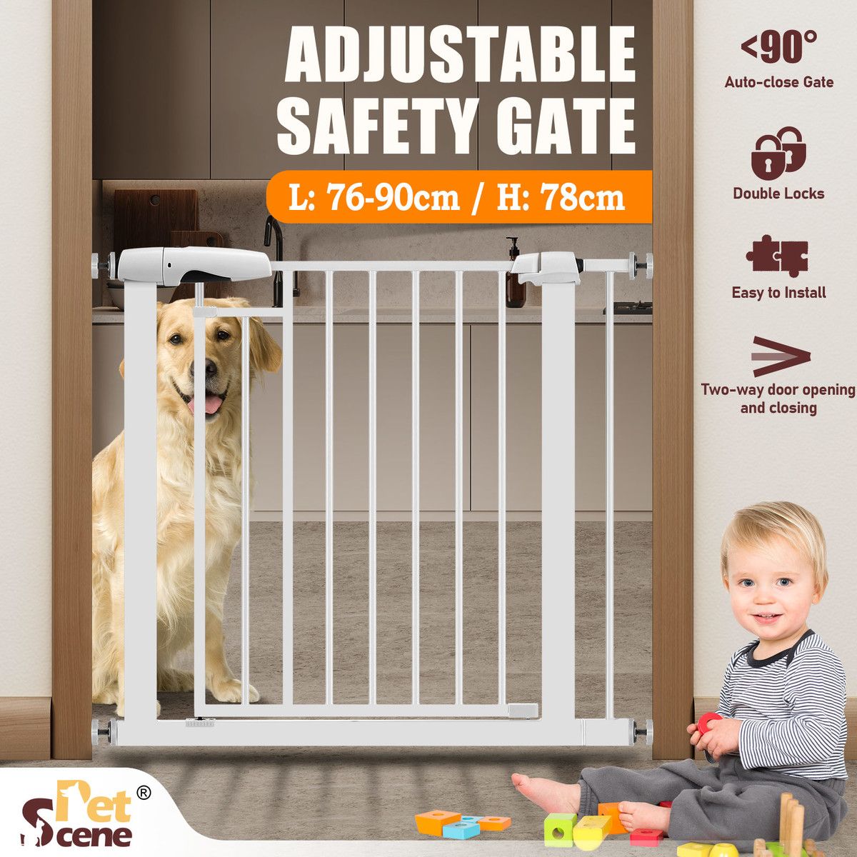 Pet Dog Safety Gate Adjustable Fence Cat Stairs Doorway Enclosure Safe Guard Security Barrier 76 to 90cm with 7cm Extension