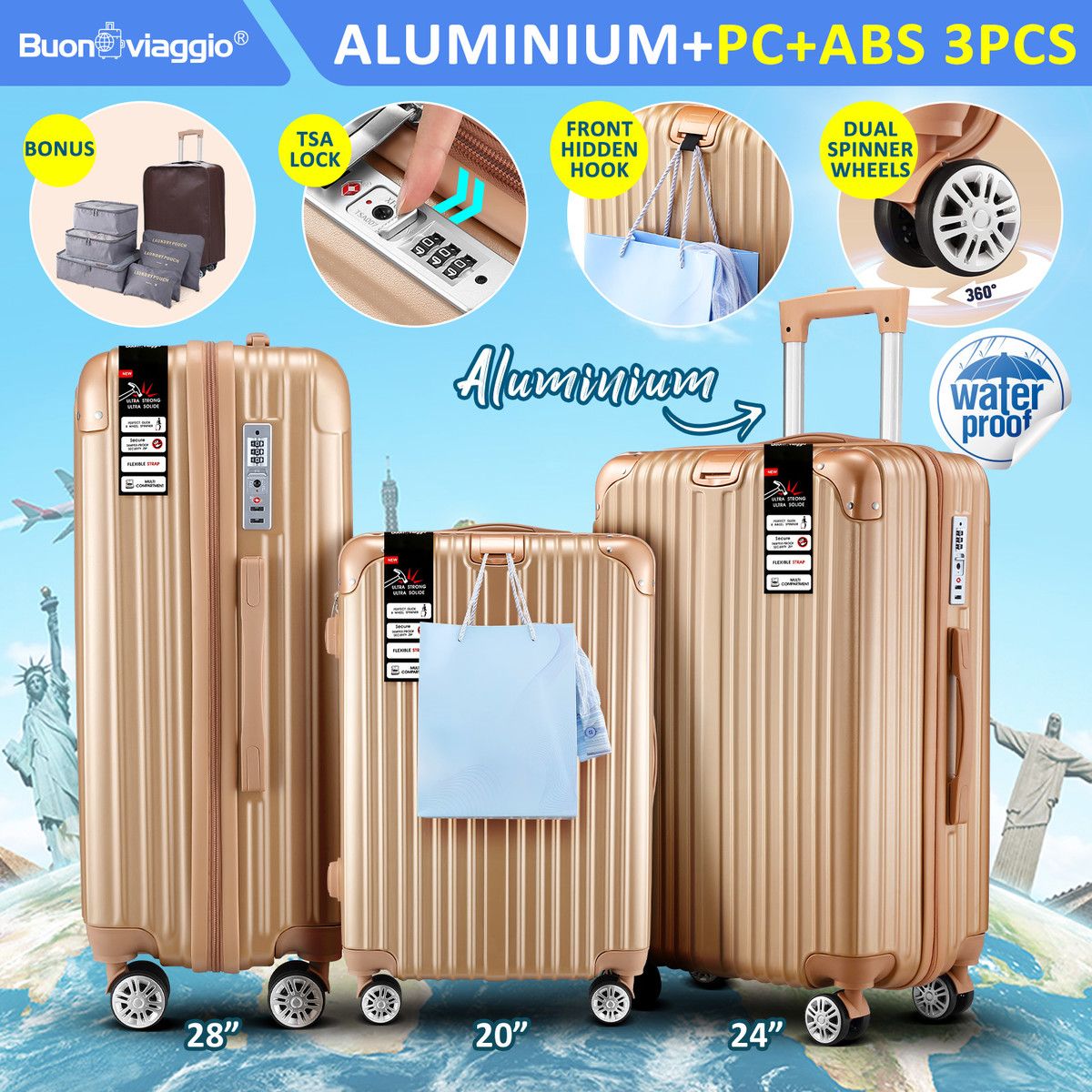 Luggage Suitcase Set 3 Piece Traveller Carry On Cabin Checked Bag Trolley Lightweight Hard Case TSA Lock Cover 6 Packing Cubes Champagne Gold