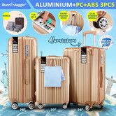 Luggage Suitcase Set 3 Piece Traveller Carry On Cabin Checked Bag Trolley Lightweight Hard Case TSA Lock Cover 6 Packing Cubes Champagne Gold