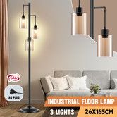 Modern LED Floor Lamp 3 Lights Black Standing Corner Reading Light Living Sitting Room Decor 165cm with Glass Lampshades