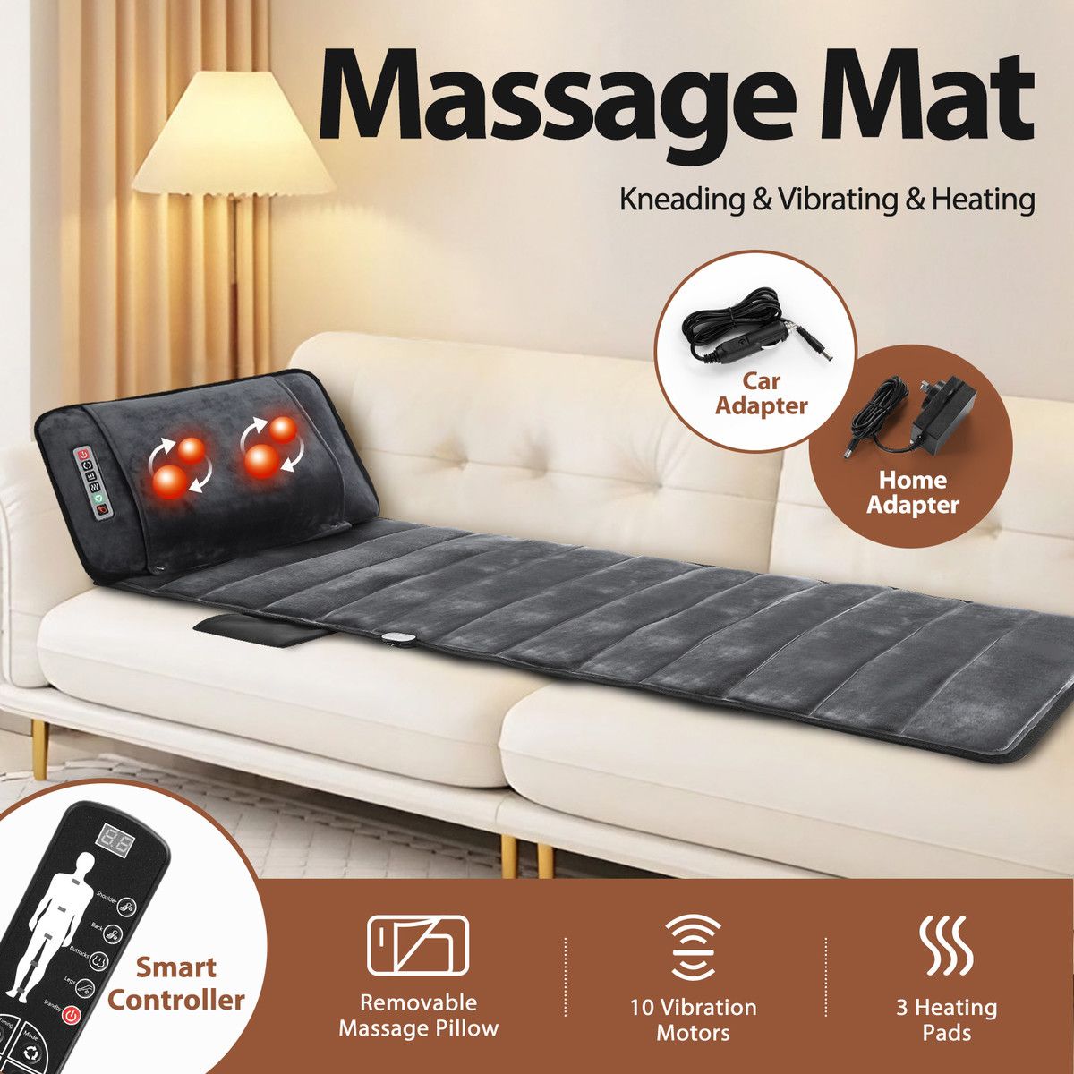 HOMASA Heated Massage Mat Full Body Vibration Electric Heating Pad Shiatsu Neck Shoulder Leg Massager 10 Motors Car Seat Cushion