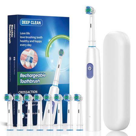 Electric Toothbrush Rotary TypeC Power Rechargeable Teeth Deep Cleaning Birthday  Christmas Gifts Oral Care Set 8 Replacement Heads Travel Case Col. White