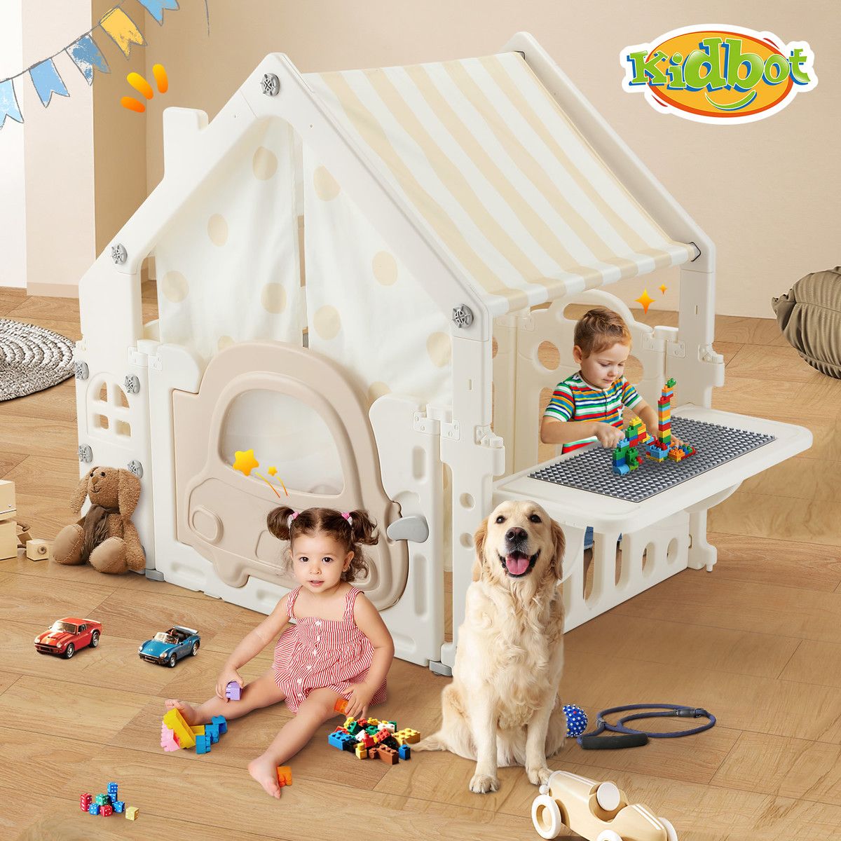 Kids Playhouse Cubby House Pretend Play Gym Cottage Cabin Childrens Activity Centre Toy Building Block Table Storage Box