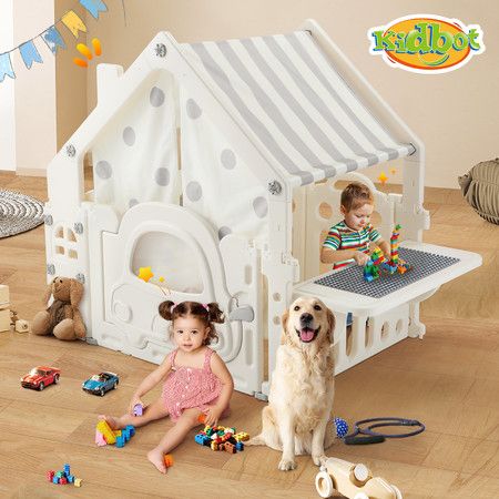 Kids Cubby House Playhouse Childrens Pretend Play Gym Cottage Cabin Activity Centre Toy Building Block Table Storage Box