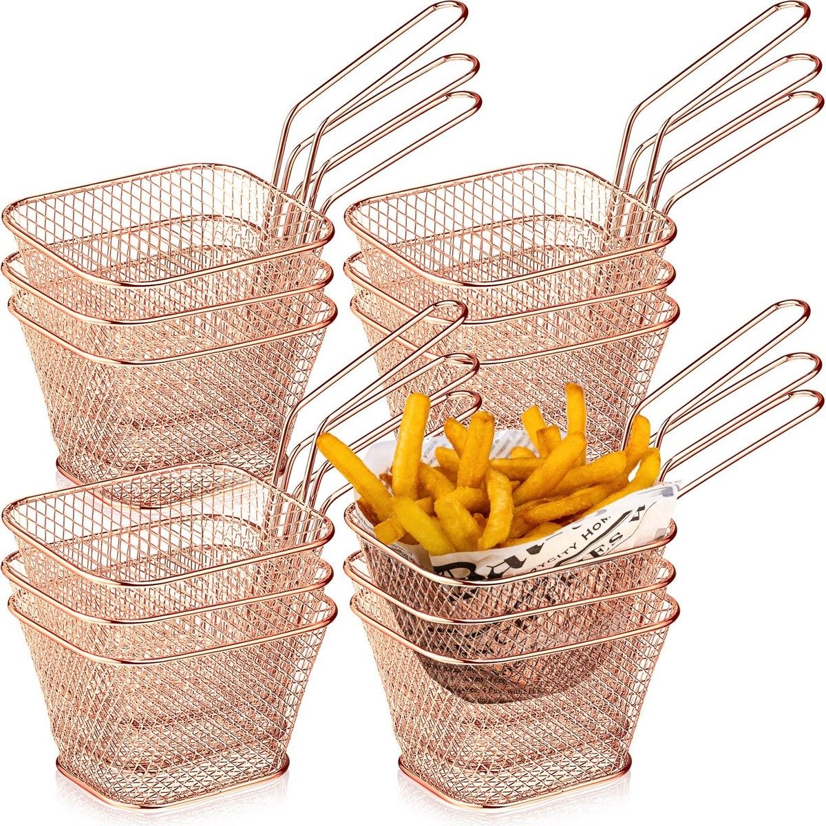 12 Pieces Mini Square Fry Basket Steel French Chip Food Baskets for Serving Stainless with Handle Reusable Fries Holder Deep Fryer Home