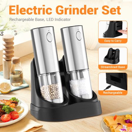Electric Salt and Pepper Grinder Set 2PCS Stainless Steel Ceramic Mill USB Rechargeable Refillable Spice Shaker Blender Automatic Grinding Kitchen