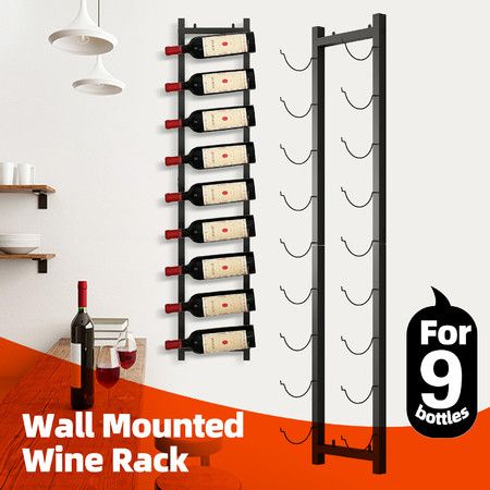 Wall Mounted Wine Rack 9 Bottle Storage Holder Metal Black Corner Hanging Shelf Modern Vertical Display Hanger for Cellar Home Bar