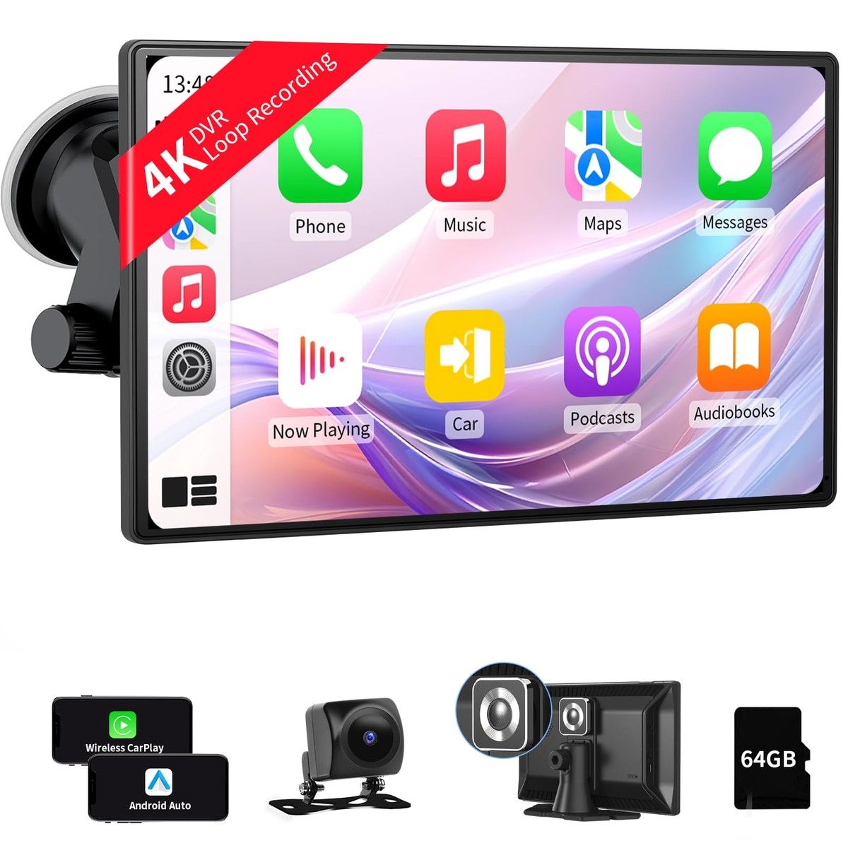9 Inch Wireless Carplay Android Auto 4K Dash Cam 1080P Backup Camera IPS Touchscreen AirPlay Mirror Link GPS Bluetooth FM Transmitter