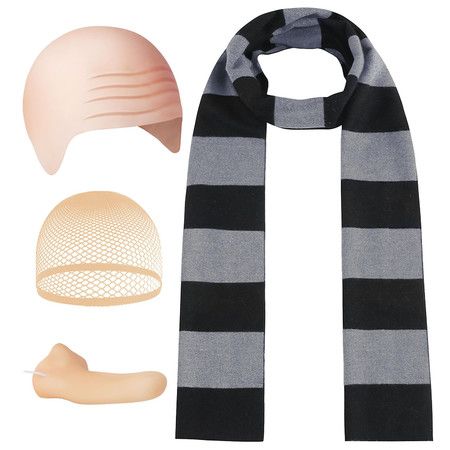 Halloween Costume Accessories 4Pcs Black Gray Striped Scarf Fake Nose Bald Cap Men Cosplay Set Party Dress Up Fun Gift