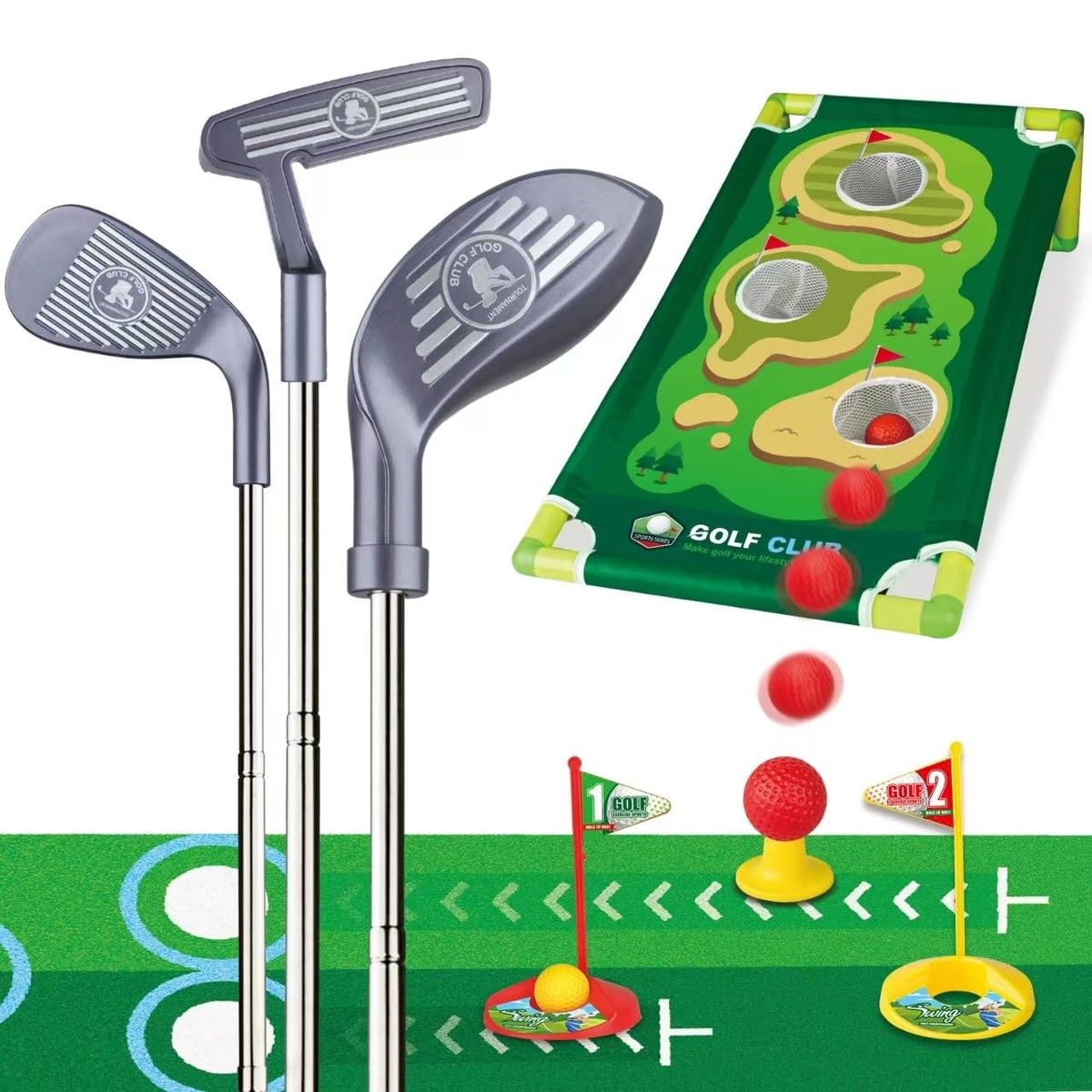 Toddler Golf Clubs Adjustable Toys Set Practice Putting Mat Cornhole Board Sports Indoor Outdoor Backyard Golfing Game Playset Gifts Kids Age3+