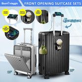 2 PCS Luggage Travel Set Carry On Suitcases Checked Bags Hard Case Front Open Pocket TSA Lock USB Charging Ports Phone Cup Holder Black Grey