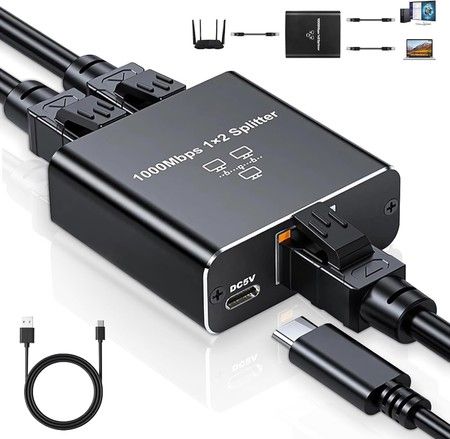 Ethernet Splitter 1 to 2 High Speed 1000Mbps, Gigabit Ethernet Splitter, LAN Splitter with USB Power Cable