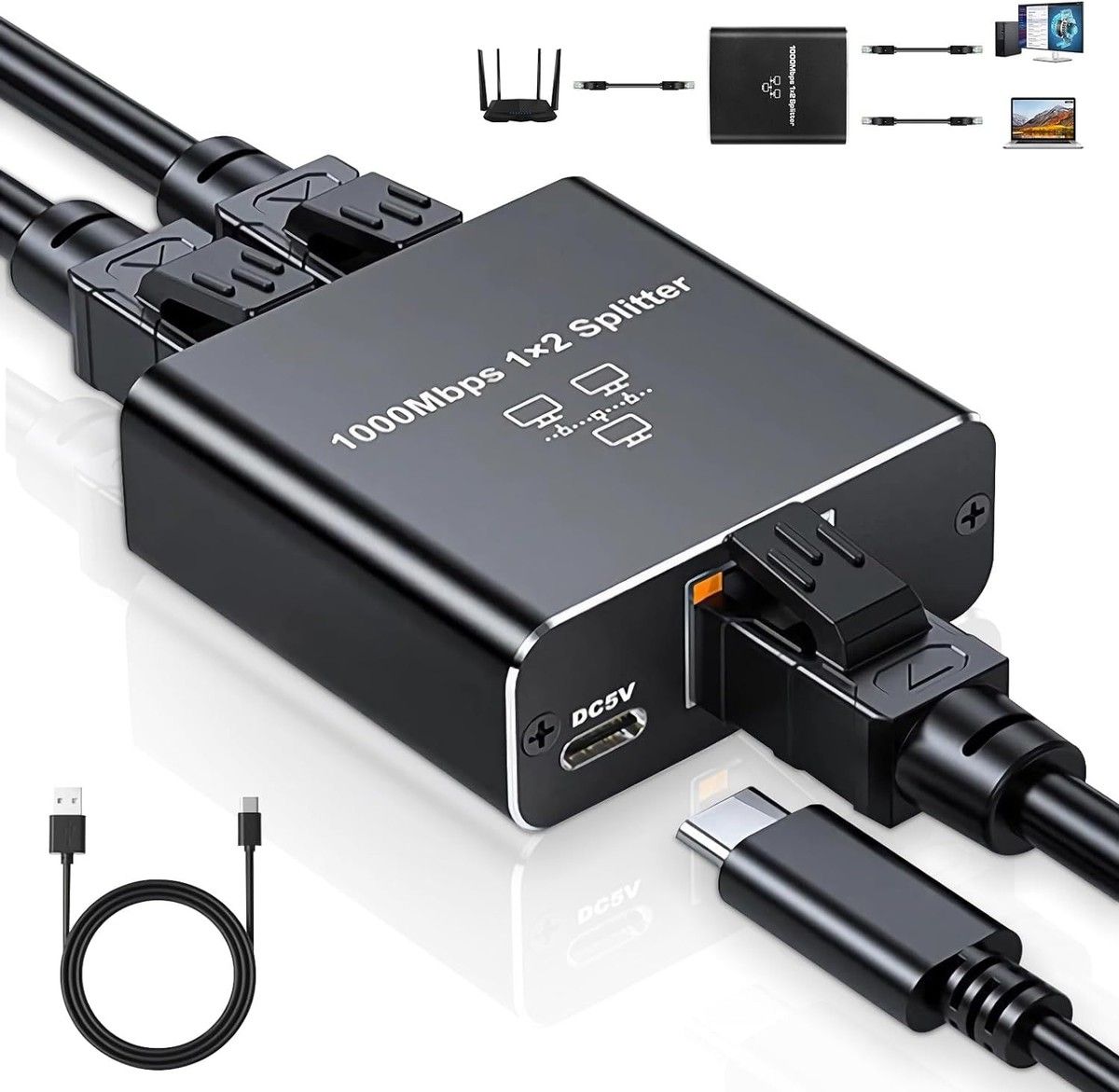 Ethernet Splitter 1 to 2 High Speed 1000Mbps, Gigabit Ethernet Splitter, LAN Splitter with USB Power Cable