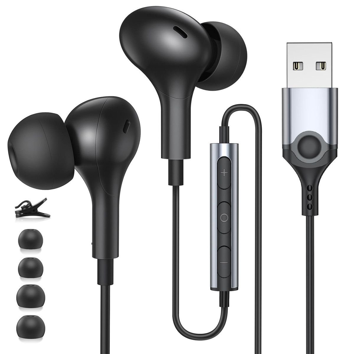 USB Headphones with Microphone for PC USB A Earbuds for PS5 Computer 2.3M Cord Magnetic in-Ear Headset Audio Control Mute Function (Black)